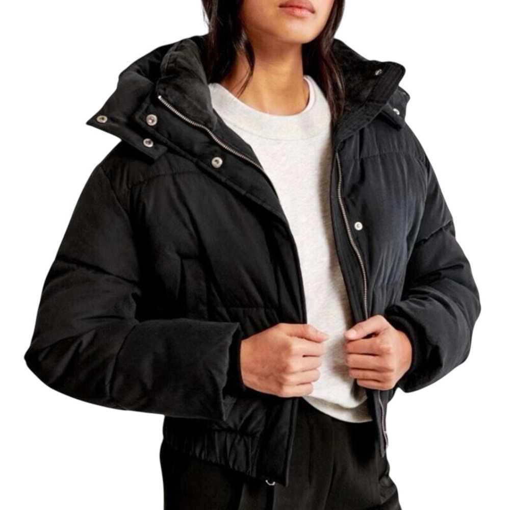 Abercrombie & Fitch Black Mini Puffer Jacket Hooded Zip Snap Winter Coat Size M